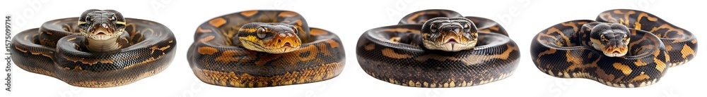 Fototapeta premium Four coiled pythons with dark and orange patterns on transparent background