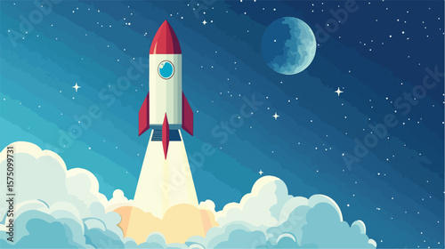 Vibrant Colored Illustration of Rocket Flying in Stratosphere