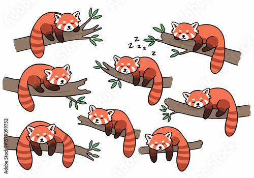 Cute Cartoon Red Pandas Sleeping on Tree Branches Seamless Pattern