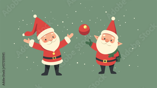 Festive Santa and Gnome Juggling Flat Vector Illustration