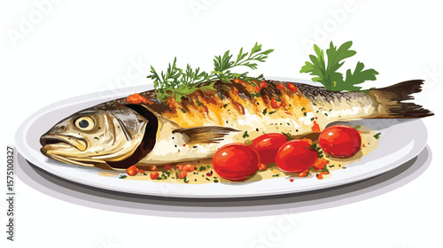 Delicious baked seabass with tomatoes from side view