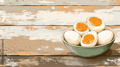 Side View of Boiled Eggs with Bowl on Wooden Surface