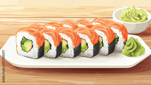 Delicious Side View of Sushi Rolls with Shrimps and Avocado