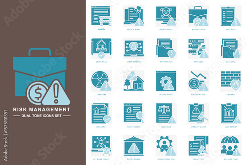 Risk management dual tone icons set. contain barrier, breach alert, business risk, checklist, firewall, financial risk and more. Vector for modern concept, print, UI, UX kit, web and app development.