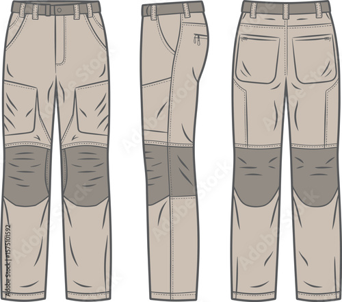 CAD drawing flat vector illustration of reinforced work pants design, front side back view, detailed stitching, technical fashion sketch, knee patch trousers, utility wear