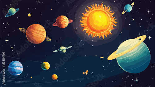 Solar System and Planets Orbiting Sun in Space