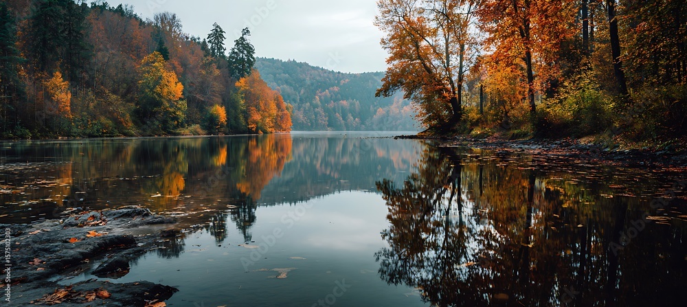 Naklejka premium Tranquil lake mirroring golden autumn trees under a calm, serene sky at sunset