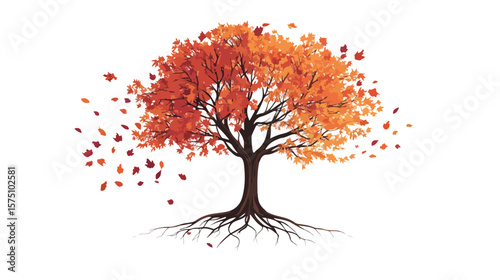Autumn Tree with Falling Leaves and Roots Spread Out
