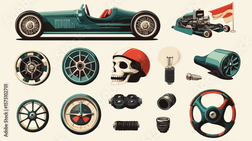 Vintage Car Racing Icons Set with Automobiles