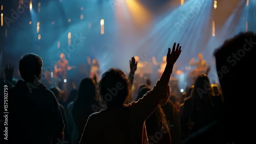 Christian worship service with crowd silhouettes raising hands in praise with stage lighting 4K Seamless loop animation