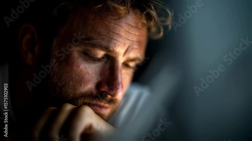 Christian man reading Holy Bible in quiet study and contemplation moment 4K Seamless loop animation