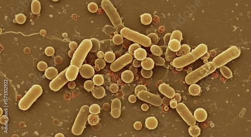 Magnified microscopic view revealing clusters of bacteria and microorganisms present within a colony