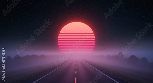 Synthwave dreamscape featuring an endless highway, misty woods, and a blazing neon sun