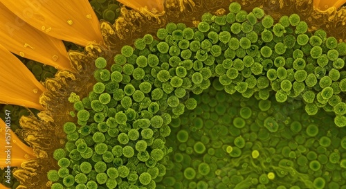 An intriguing close up of a sunflower's center, displaying vibrant green florets and golden