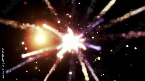 Wallpaper Mural Realistic fireworks explosion on a black cosmic background. Radiant starburst with glowing light rays spreading in all directions, dynamic motion, shimmering particles, deep space atmosphere, 4K resol Torontodigital.ca