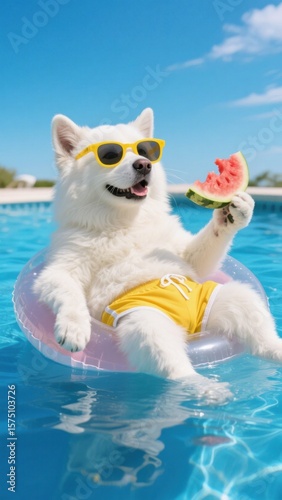 A white fluffy dog is relaxing in a swimming pool with a pink float, wearing yellow sunglasses and yellow shorts, holding a slice of watermelon and enjoying a summer day
