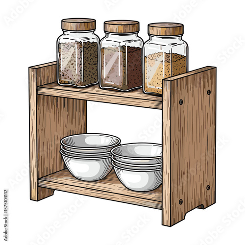 Rustic Wooden Shelf with Spice Jars and Bowls for Kitchen Decor Illustration