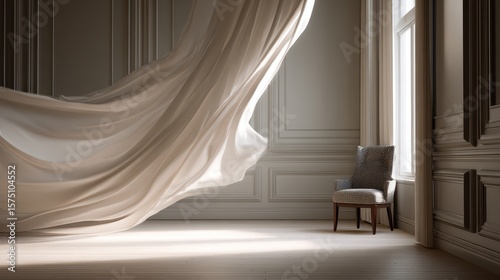 Soft curtain blowing in wind, neutral room tones, elegant mood 