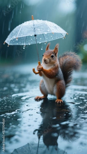 A cute red squirrel stands in a puddle, holding a small transparent umbrella to protect itself from the falling rain. Its reflection is visible in the water.