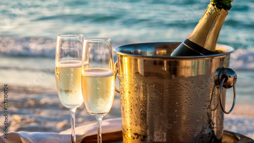Champagne bucket with a chilled bottle of sparkling wine and two crystal champagne flutes on tropical background with seascape