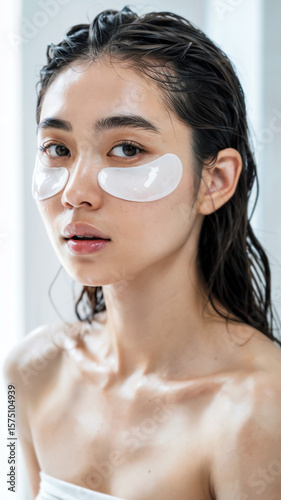A young Asian woman with slicked-back hair wears under-eye patches, beauty care concept