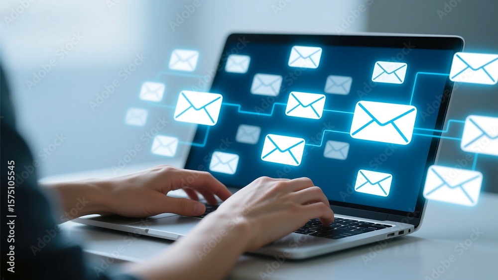 Fototapeta premium Person typing on a laptop with glowing email icons flowing from the screen representing digital communication and online messaging