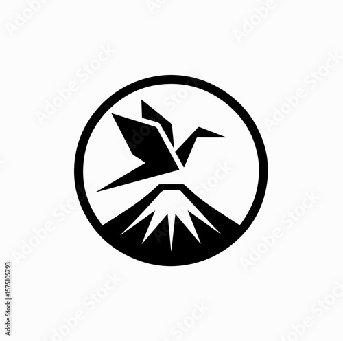 Minimalist Black Vector Logo of Origami Crane Flying Above Mount Fuji Isolated on White Background