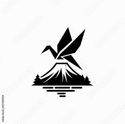 Minimalist Black Vector Logo of Origami Crane Flying Above Mount Fuji Isolated on White Background