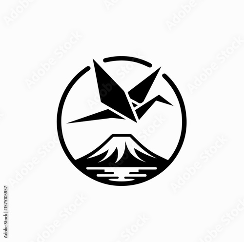 Minimalist Black Vector Logo of Origami Crane Flying Above Mount Fuji Isolated on White Background