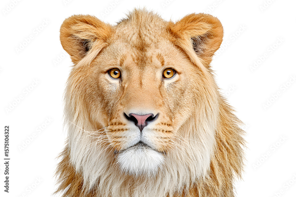 Fototapeta premium Captivating portrait of a lion against a stark white backdrop, showcasing its striking golden mane and intense gaze, perfect for wildlife themes. Ai Generated Images