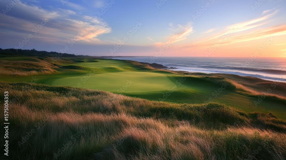 Obraz premium Panoramic coastal golf course at twilight, showcasing natural beauty