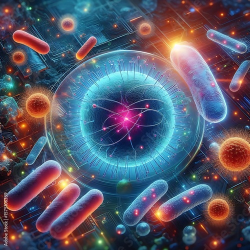Microscopic view of a glowing virus and colorful bacteria in a high-tech lab setting with dramatic lighting and vibrant cellular details
