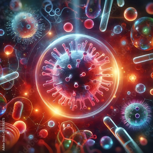 Microscopic view of a glowing virus and colorful bacteria in a high-tech lab setting with dramatic lighting and vibrant cellular details
