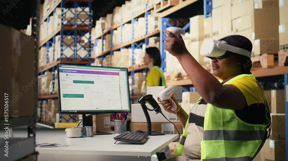 African american woman working with VR tech system to process orders and manage parcel shipment tracking, hands free inventory control. Virtual reality guarantees fast delivery. Camera A.