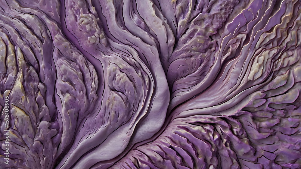 Obraz premium Close-up view of textured purple cabbage leaves, showcasing intricate folds and patterns.