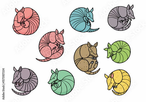 Colorful Cartoon Armadillos Curled Up Set: Cute Vector Illustrations of Various Colored Armadillos Rolled into a Ball