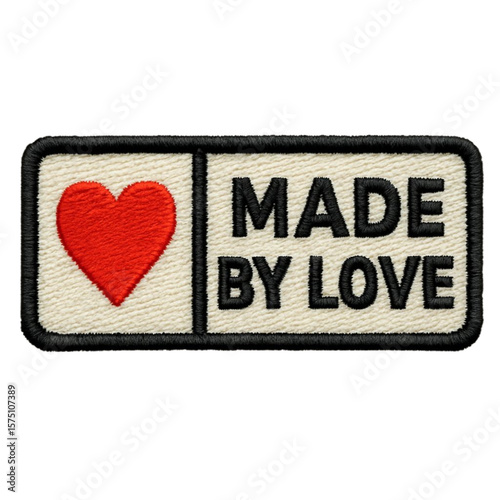 Red Heart 'Made by Love' Embroidered Badge - Fabric Tag for Clothing or Accessories