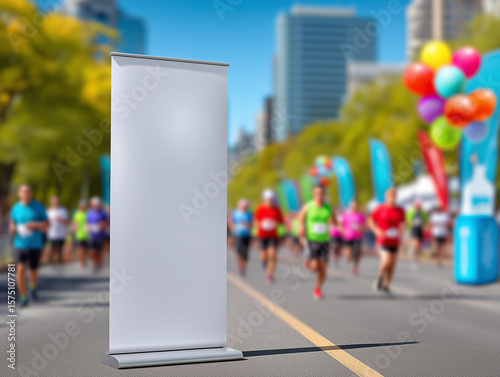 Blank roll-up billboard on city road during colorful marathon event with runners and balloons, perfect for sports promotion, race announcements, or event branding