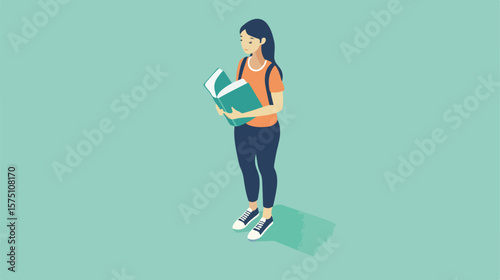 Stylish Isometric Woman Standing with Book