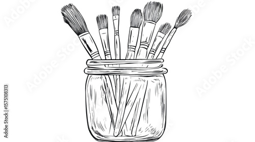 Jar of Paint Brushes Isolated on White Background