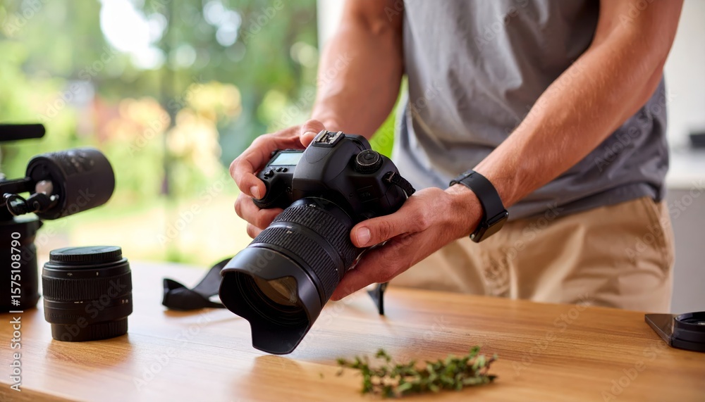 Fototapeta premium Photographer Inspecting Camera Lens on Wooden Table with Additional Equipment