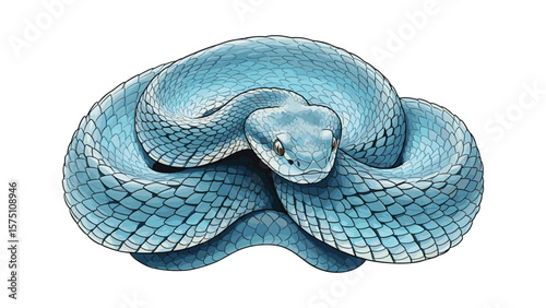 Detailed illustration of a coiled blue snake against a white background suitable for creative