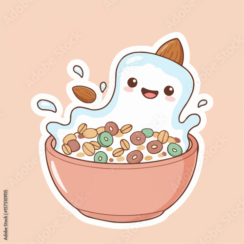 Cute cartoon yogurt with cereal splashing in a bowl  