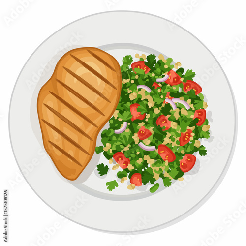 Grilled chicken steak and fresh salad on a white plate  