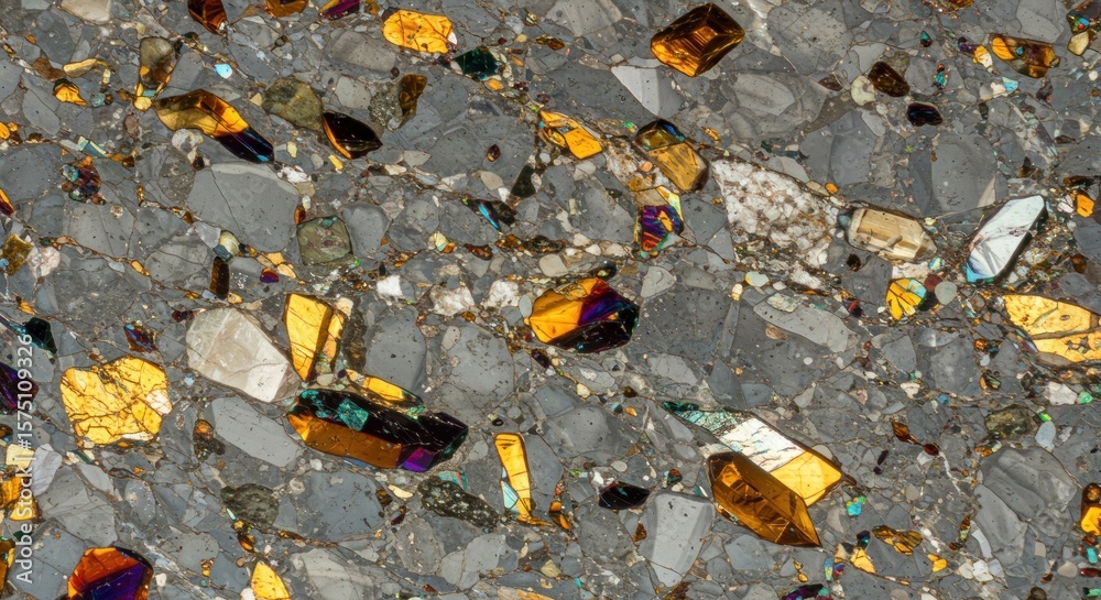 Obraz premium Microscopic view of rock formation showcasing diverse mineral structures and colorful crystal