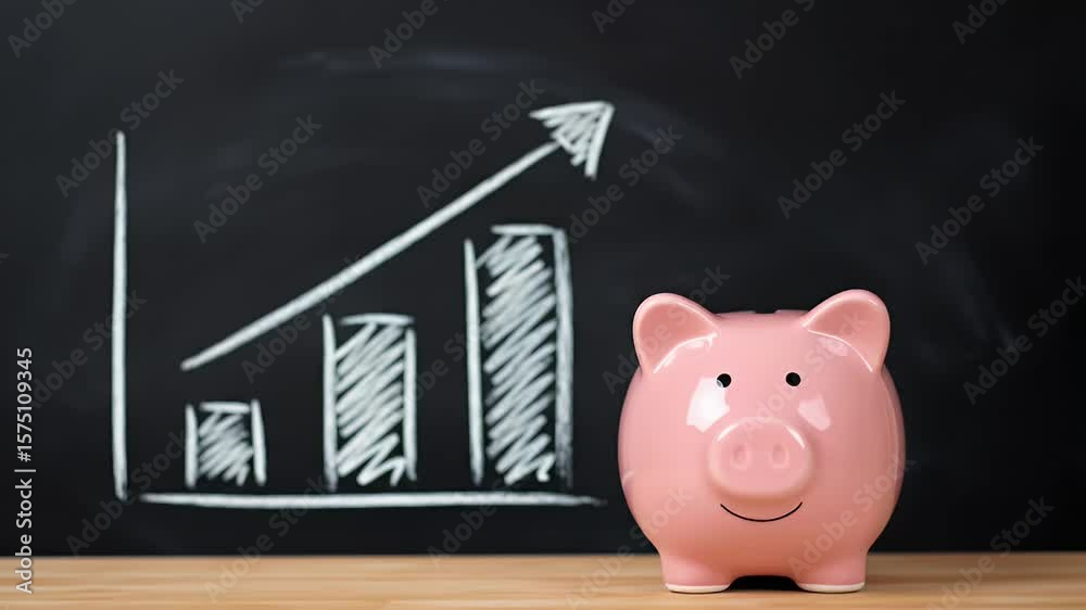 Hand Placing Coin into Pink Piggy Bank Next to Upward Chart on Blackboard Represents Savings Growth and Investment Success for Adobe Stock