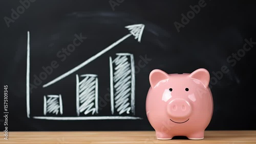 Hand Placing Coin into Pink Piggy Bank Next to Upward Chart on Blackboard Represents Savings Growth and Investment Success for Adobe Stock