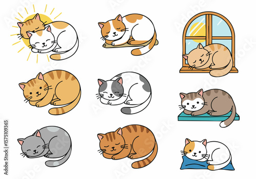 Collection of Cute Cartoon Cats Sleeping and Resting in Various Poses, Vector Illustration Set of Adorable Feline Friends Napping Peacefully