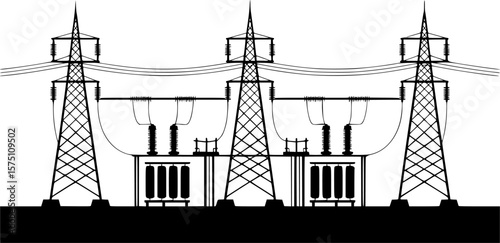 Simple black and white illustration of an electrical substation.
