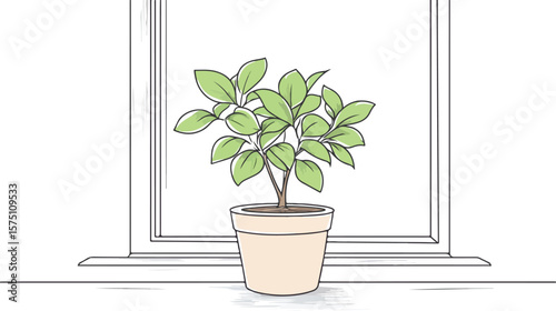 Modern Minimalist House Plant Line Art Vector with Potted Green Plant